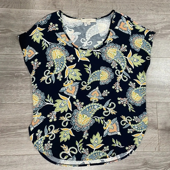 LOFT Navy Paisley Print Cap Sleeve Mixed Media Blouse XS - Picture 3 of 11